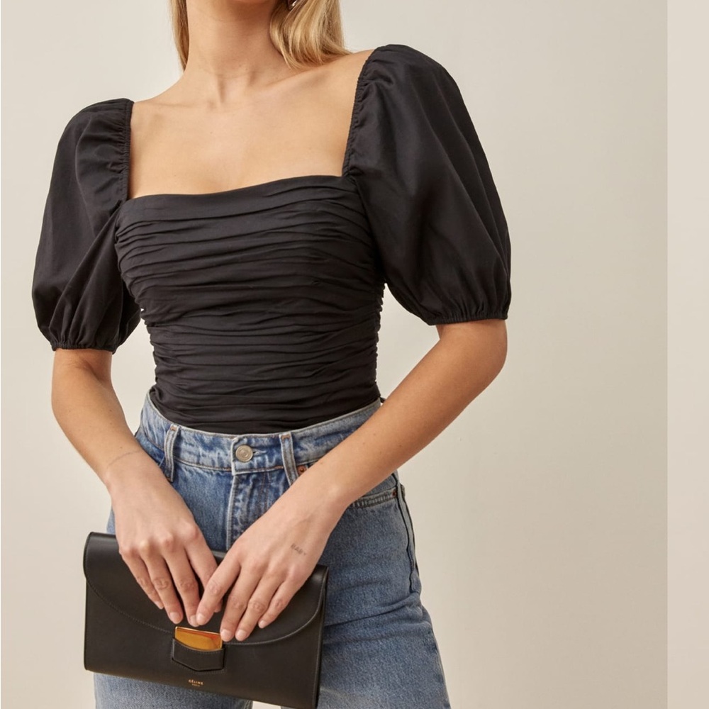 Reformation Barry Top - Black Puff Sleeve Cotton Cropped Blouse